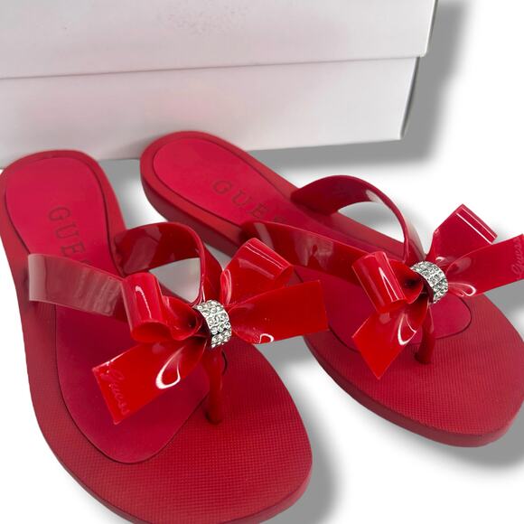 GUESS Tutu Eva Fashion Bow Detail Rhinestone Flip Flops Size 7 Red Fancy Sandals - Picture 6 of 11